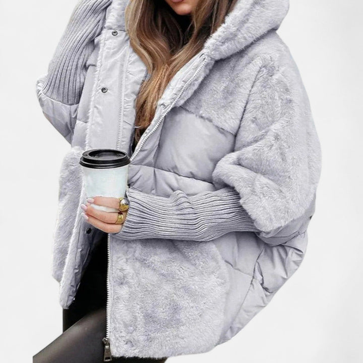 Oversized Puffer Jacket with Hood in Patchwork Style