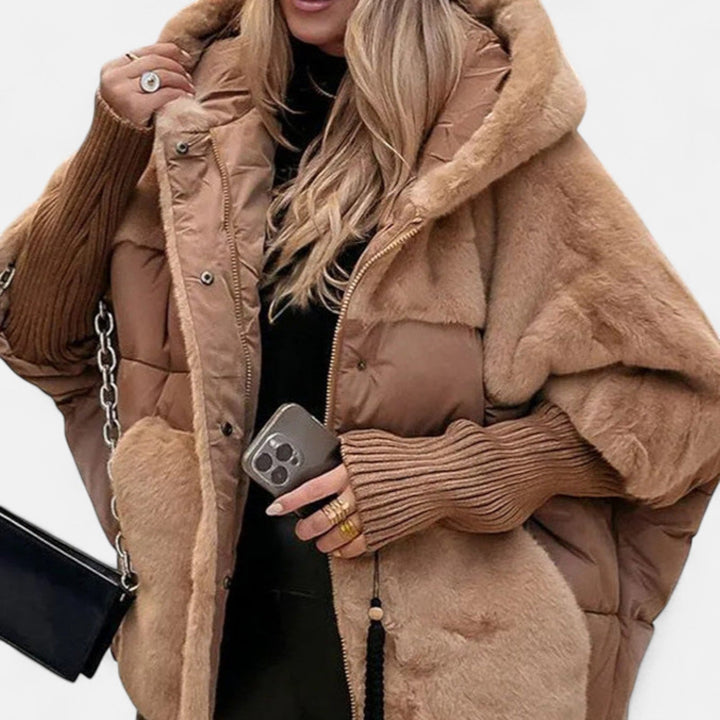Oversized Puffer Jacket with Hood in Patchwork Style
