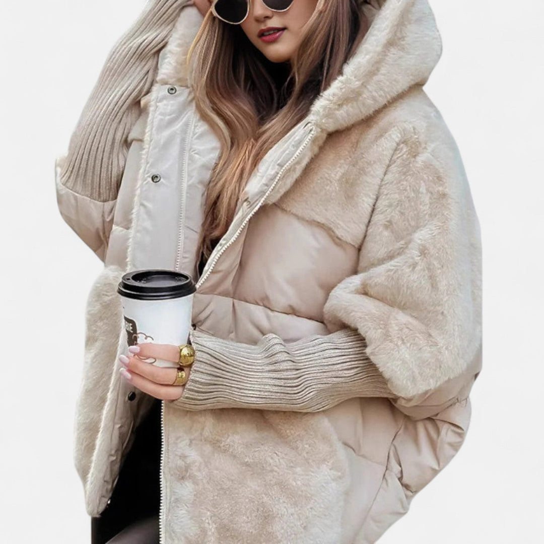 Oversized Puffer Jacket with Hood in Patchwork Style