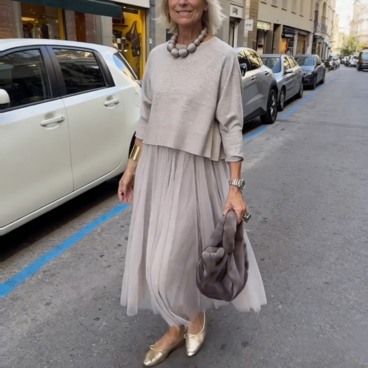 Women's Pleated Midi Dress | with Long Sleeves