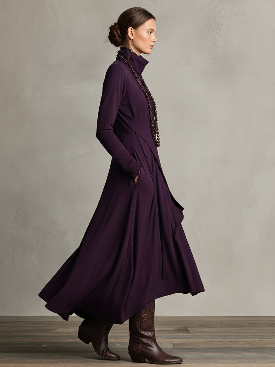 Women's Bohemian Cotton Stretch Turtleneck Asymmetrical Maxi Dress