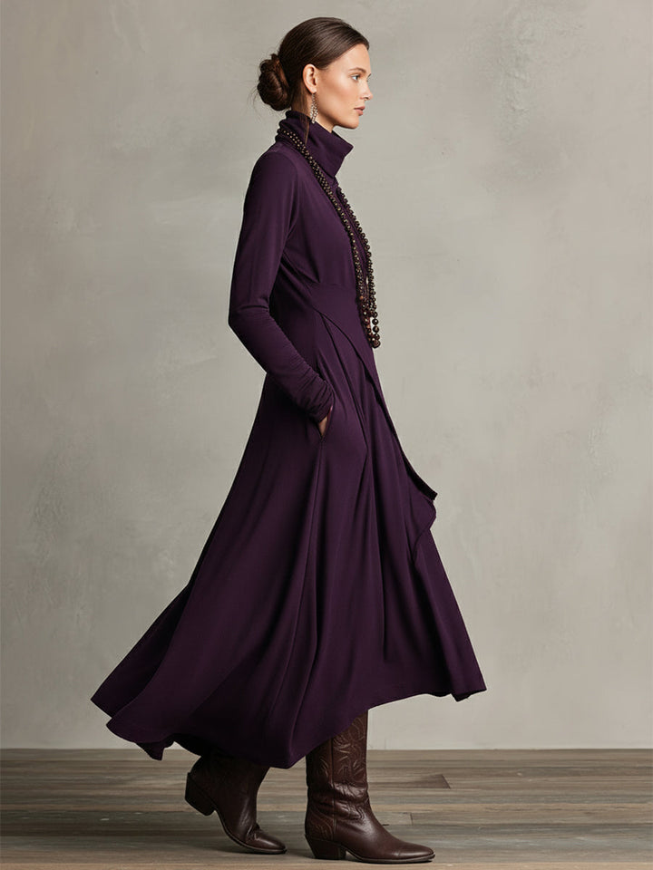 Women's Bohemian Cotton Stretch Turtleneck Asymmetrical Maxi Dress