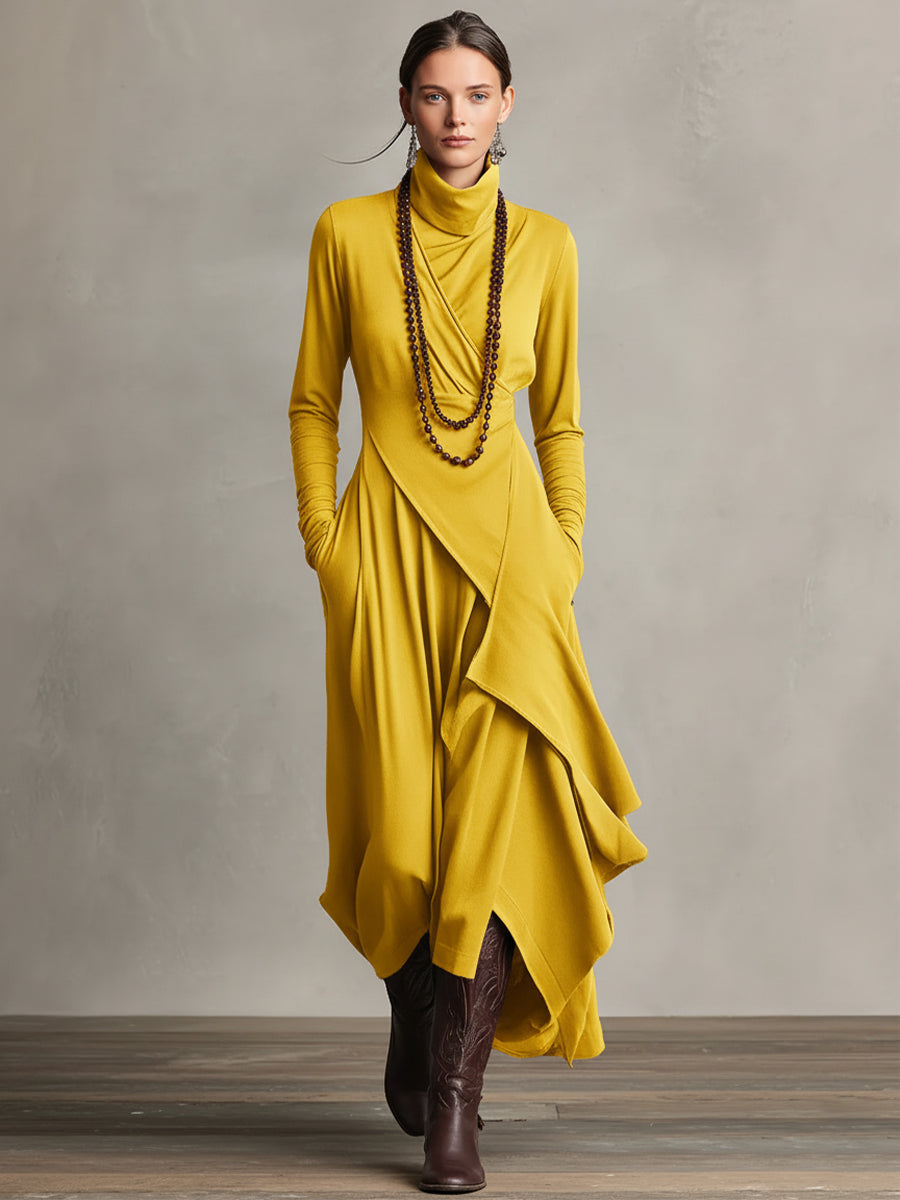 Women's Bohemian Cotton Stretch Turtleneck Asymmetrical Maxi Dress
