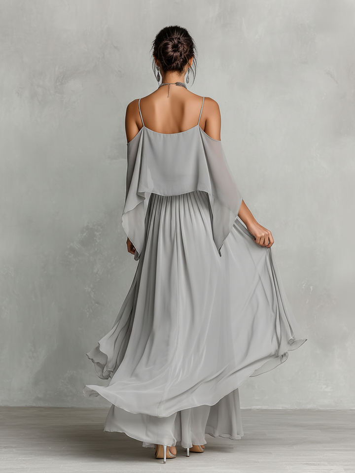 Women's Grey Breathable Chiffon Set With Cold-Shoulder Detail & Flared Silhouette, Contemporary Luxury-Feminine Style Set