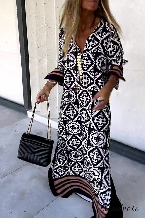 Geometric Print Long Sleeve Casual Maxi Dress