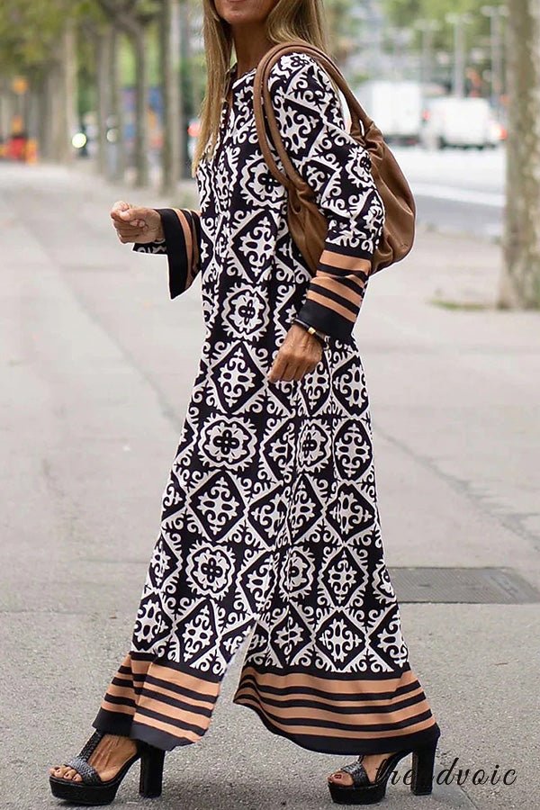 Geometric Print Long Sleeve Casual Maxi Dress