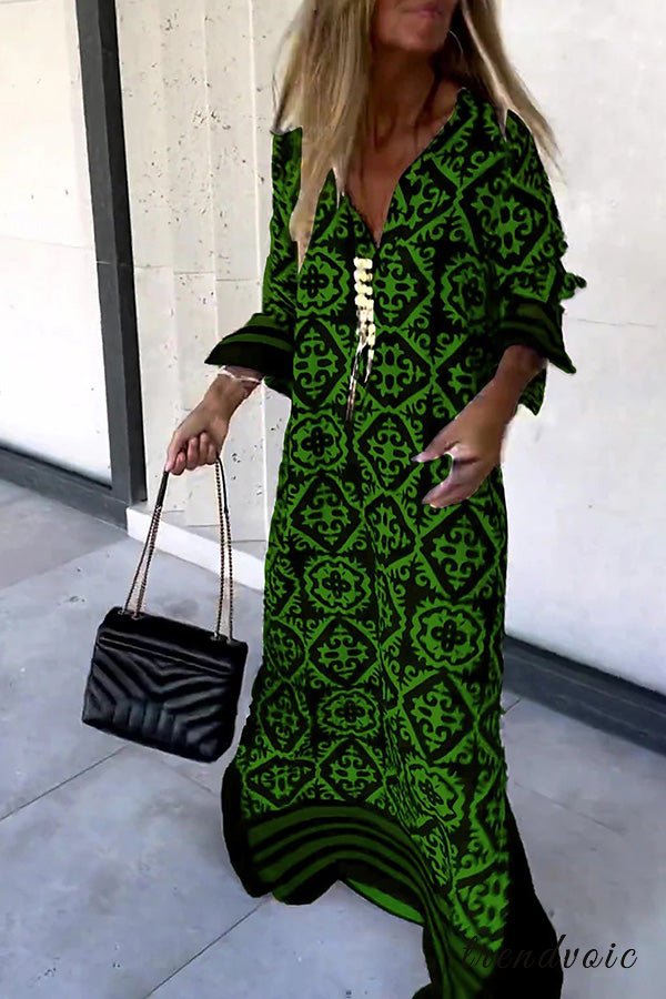 Geometric Print Long Sleeve Casual Maxi Dress