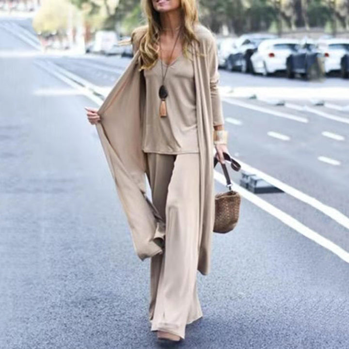 Women’s Elegant Three-Piece Set with Long Cardigan, Top and Wide Leg Pants