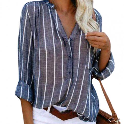 Women’s V-Neck Button-Up Striped Blouse