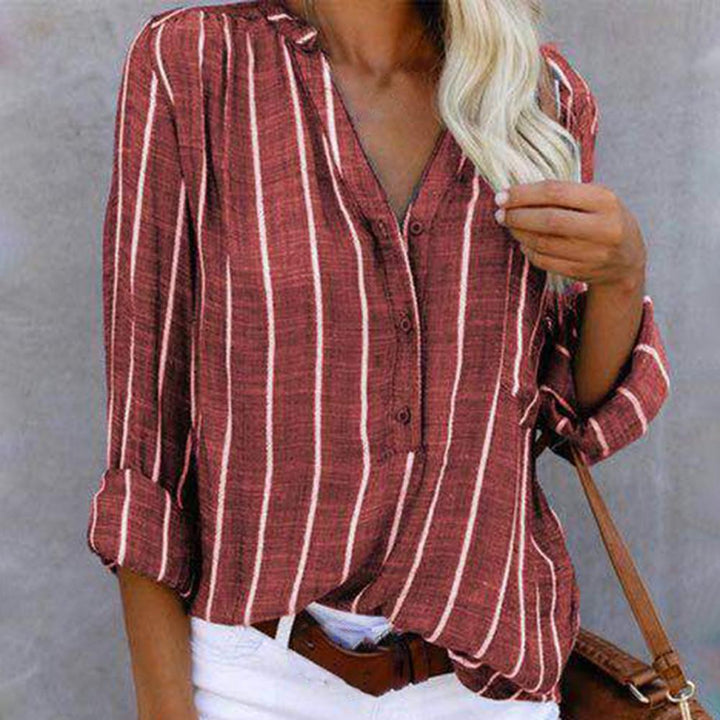 Women’s V-Neck Button-Up Striped Blouse
