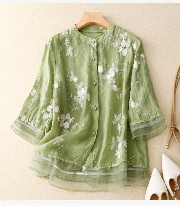 Women's Button-Up Blouse with Embroidered Details